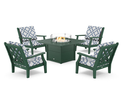Country Living Wovendale 5-Piece Deep Seating Set with Fire Pit Table in Green / Trellis Sky Blue