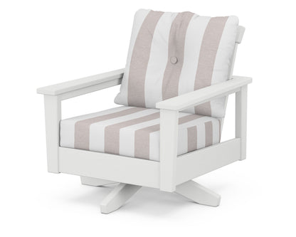 POLYWOOD® Prescott Deep Seating Swivel Chair in White / Cabana Stripe Dune Burlap