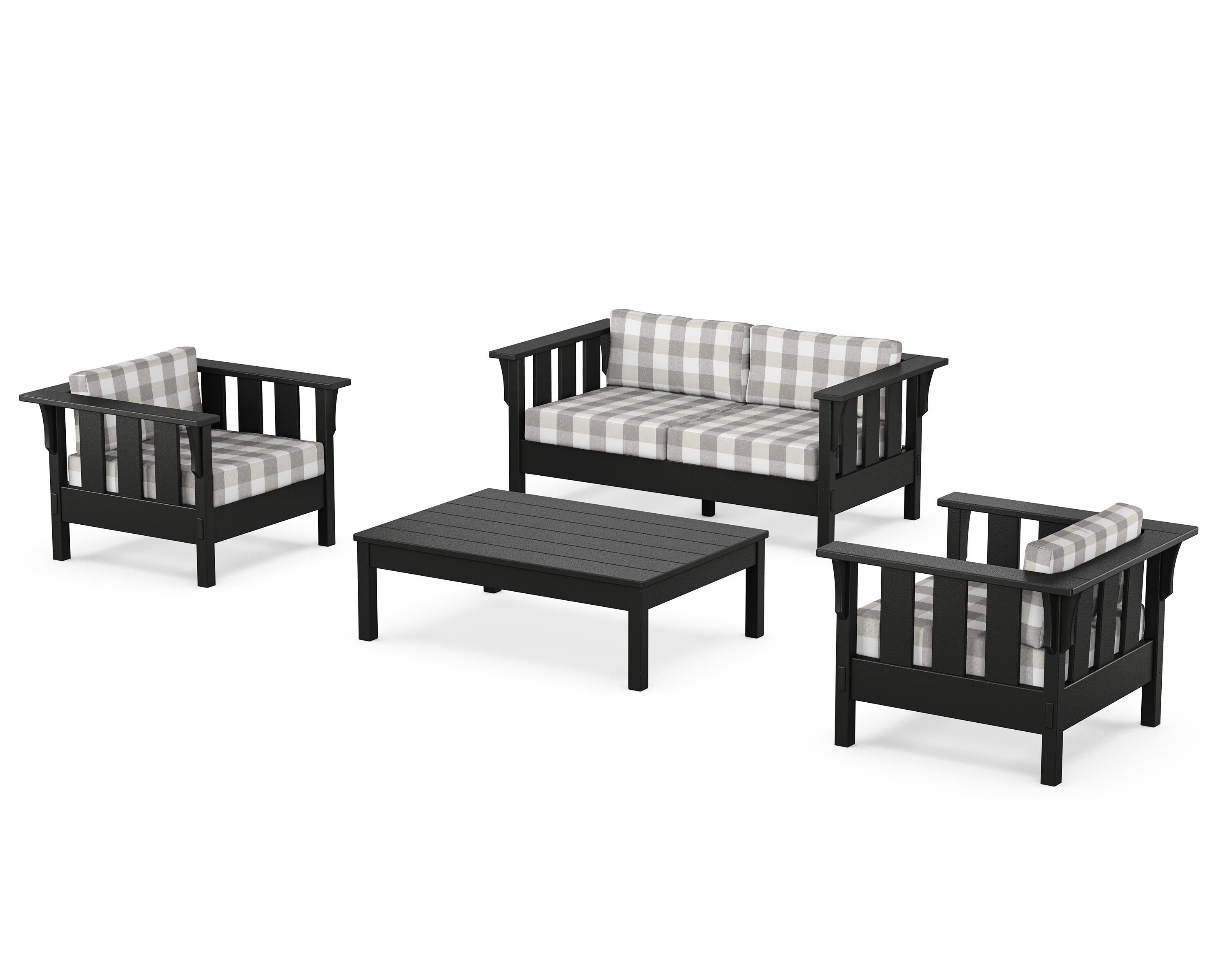 Martha Stewart by POLYWOOD® Acadia 4-Piece Deep Seating Set with Loveseat in Black / Buffalo Plaid Grey Mist