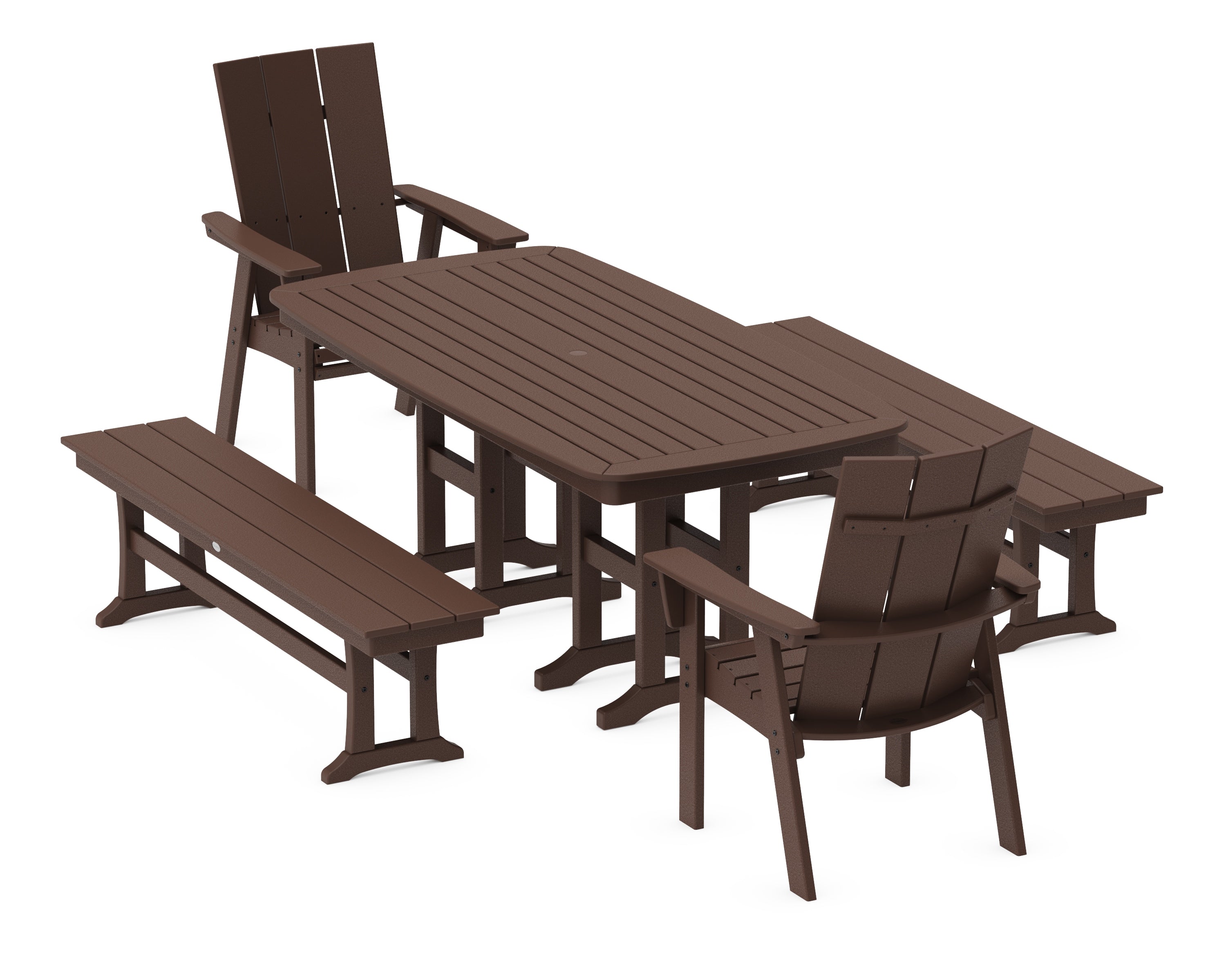 POLYWOOD® Modern Curveback Adirondack 5-Piece Dining Set with Benches in Mahogany
