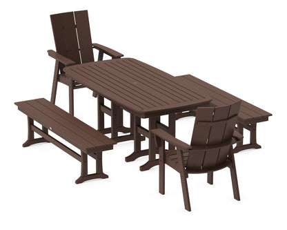 POLYWOOD® Modern Curveback Adirondack 5-Piece Dining Set with Benches in Mahogany