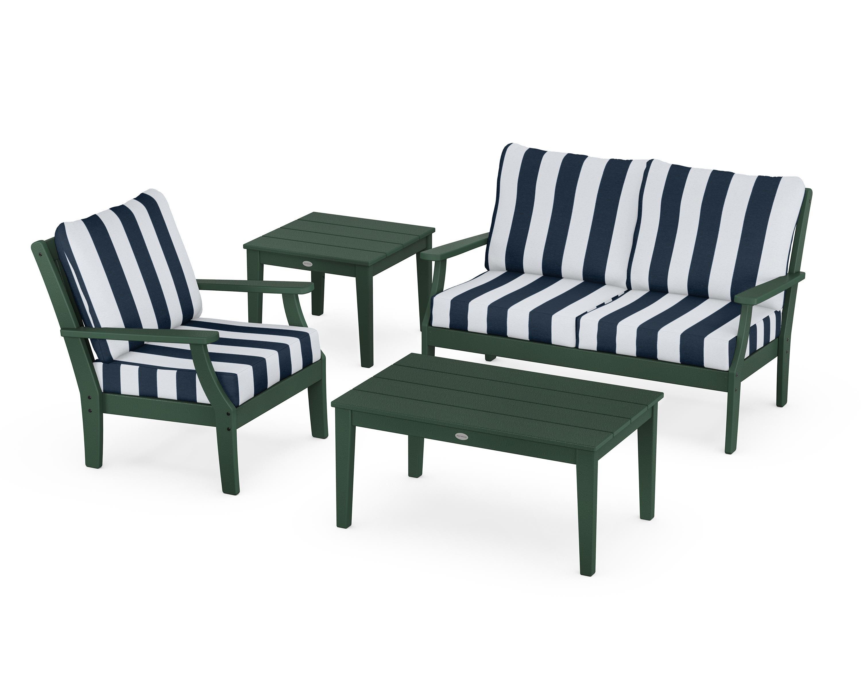 POLYWOOD® Braxton 4-Piece Deep Seating Set in Green / Cabana Stripe Marine Indigo