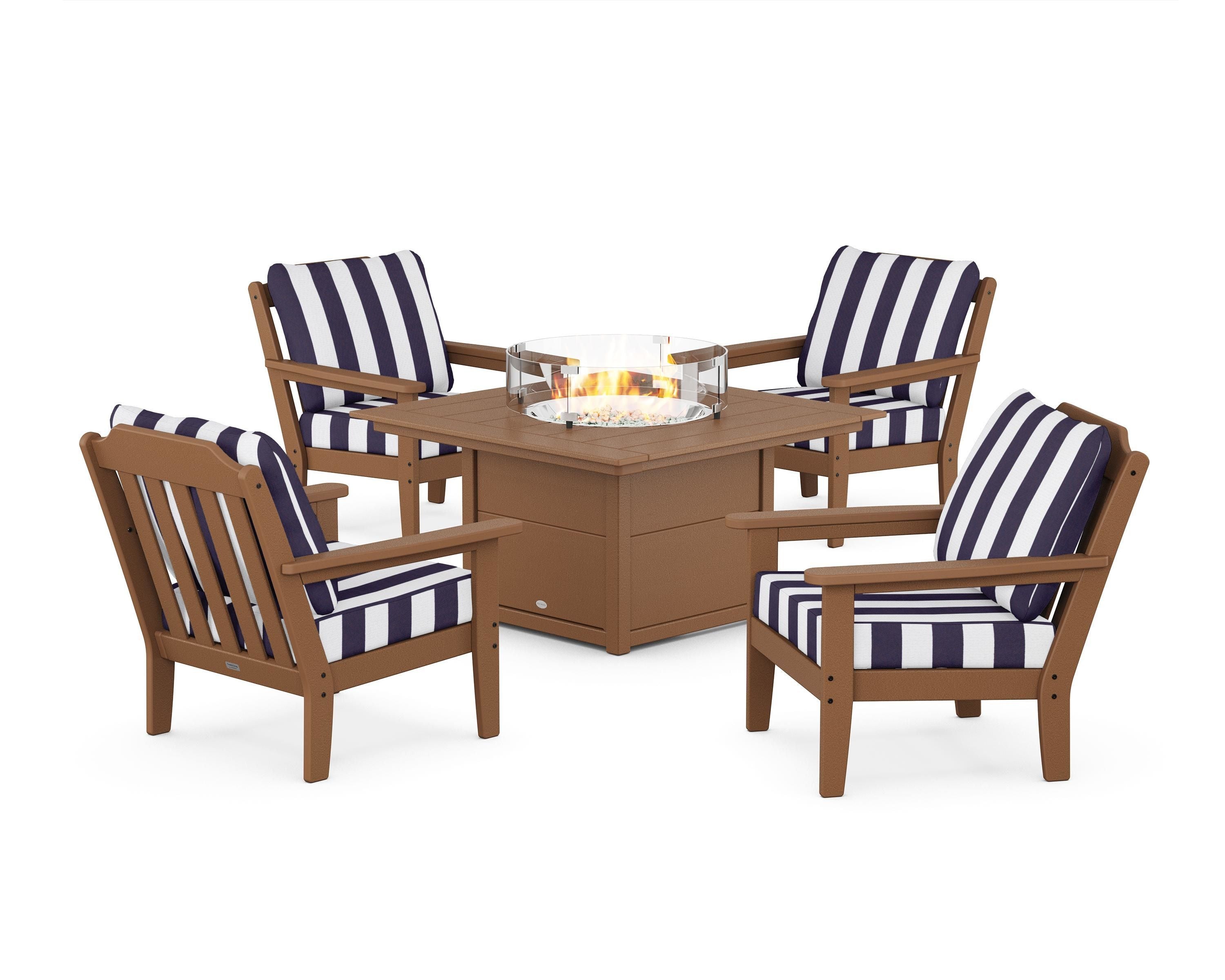 Country Living Cottage 5-Piece Deep Seating Set with Fire Pit Table in Teak / Cabana Stripe Navy