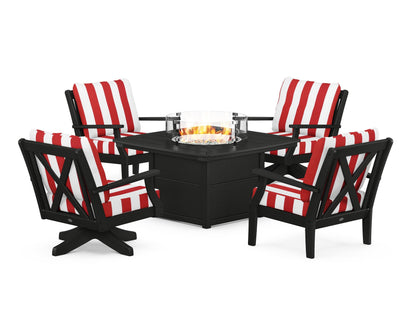 POLYWOOD® Braxton 5-Piece Deep Seating Set with Fire Table in Black / Cabana Stripe Crimson