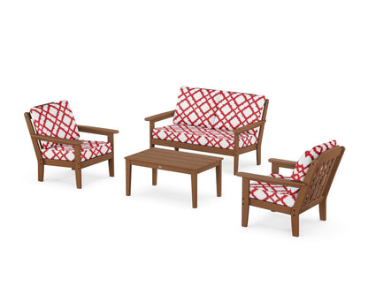 Country Living Cottage 4-Piece Deep Seating Set with Loveseat in Teak / Trellis Crimson