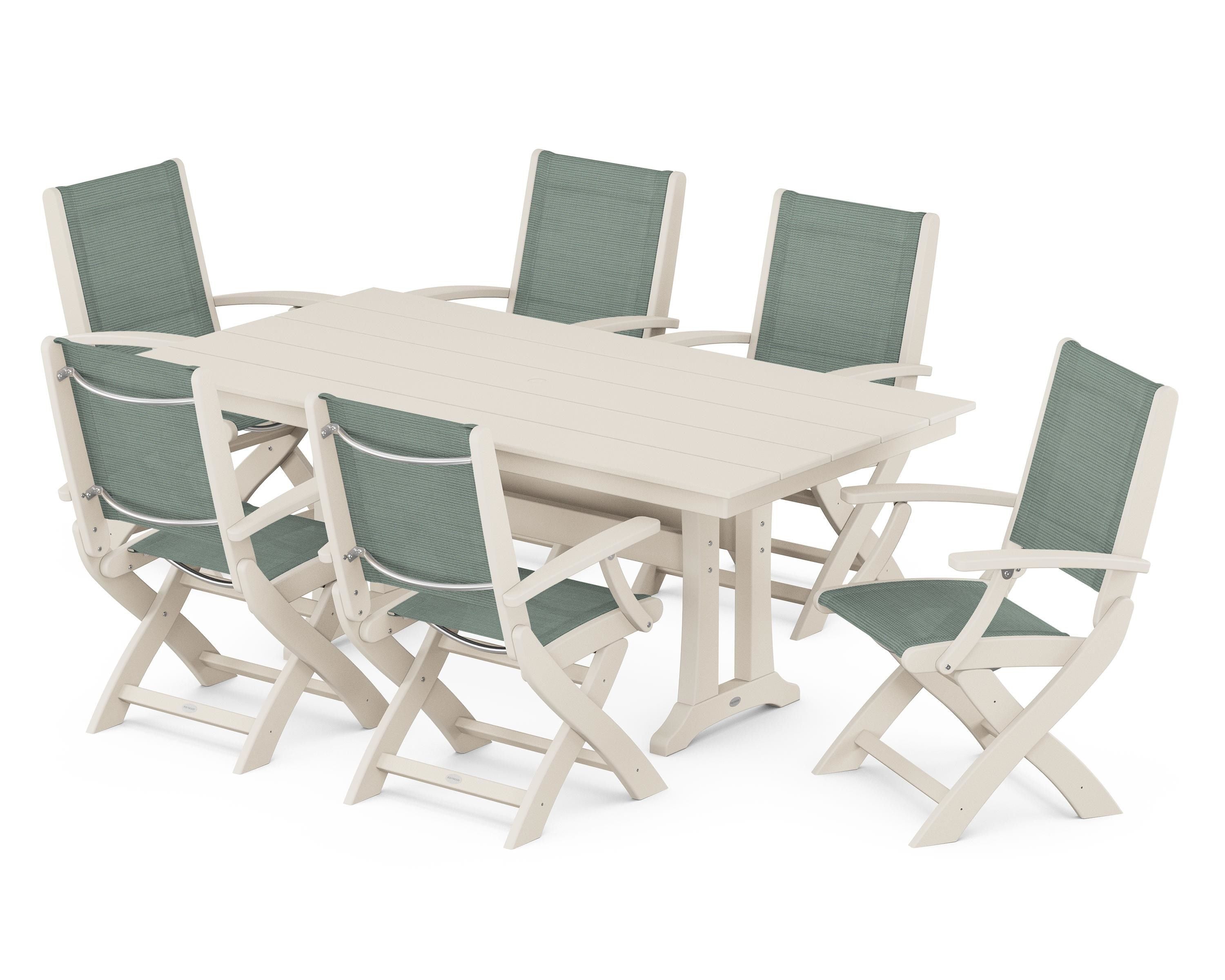 POLYWOOD® Coastal Folding Arm Chair 7-Piece Farmhouse Dining Set with Trestle Legs in Sand / Dupioni Sea Mist Sling