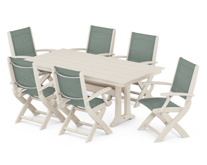POLYWOOD® Coastal Folding Arm Chair 7-Piece Farmhouse Dining Set with Trestle Legs in Sand / Dupioni Sea Mist Sling