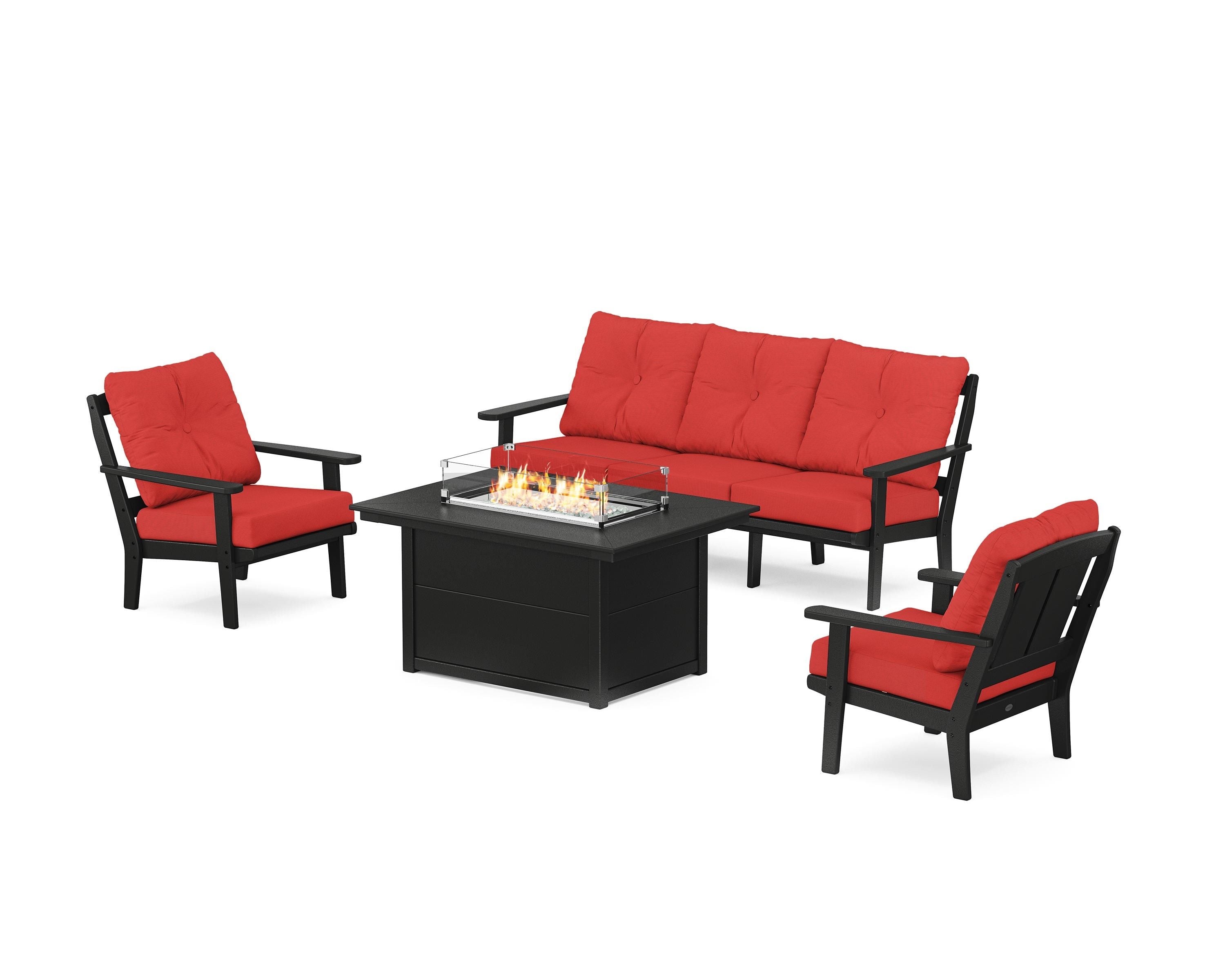 POLYWOOD® Mission Deep Seating Fire Pit Table Set in Black / Crimson Linen