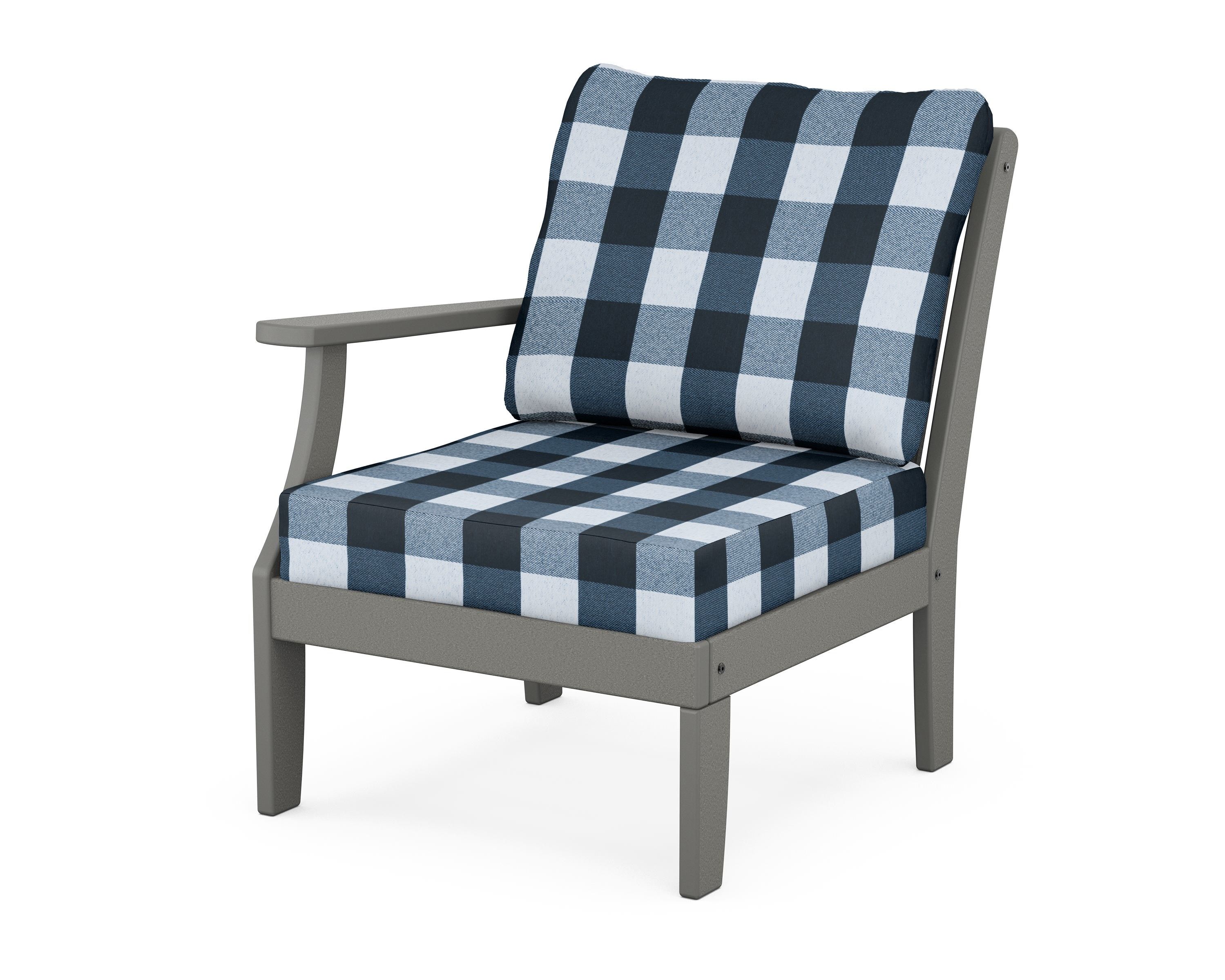 POLYWOOD® Braxton Modular Left Arm Chair in Slate Grey / Buffalo Plaid Marine Indigo