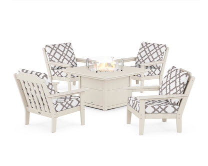 Country Living Cottage 5-Piece Deep Seating Set with Fire Pit Table in Sand / Trellis Grey Mist