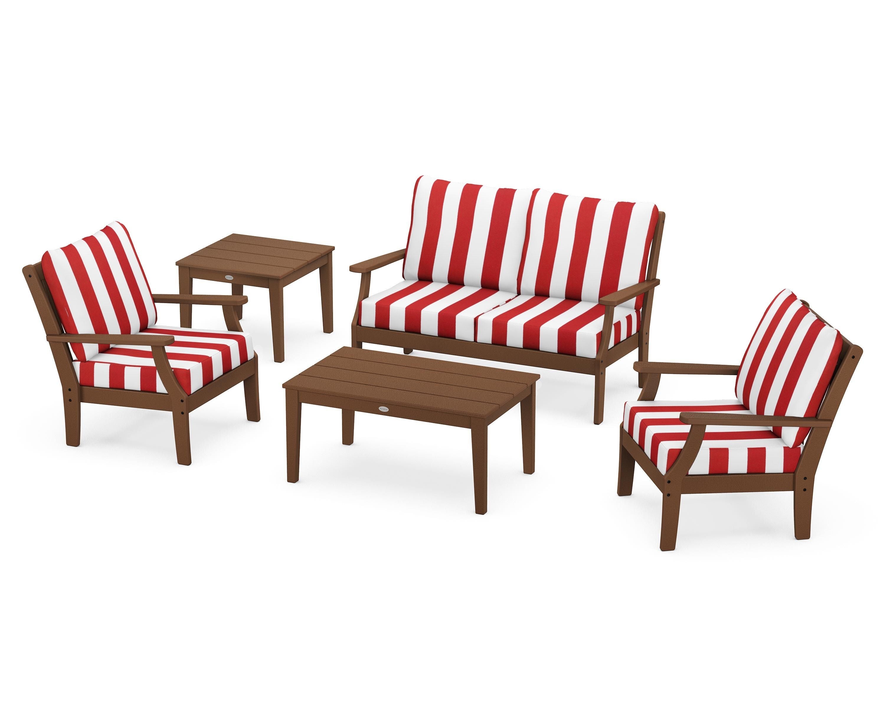 POLYWOOD® Braxton 5-Piece Deep Seating Set in Teak / Cabana Stripe Crimson