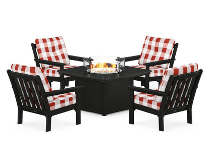 POLYWOOD® Vineyard 5-Piece Conversation Set with Fire Pit Table in Black / Buffalo Plaid Crimson