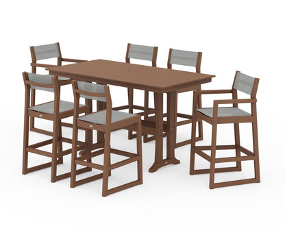 POLYWOOD® EDGE Sling 7-Piece Farmhouse Bar Set with Trestle Legs in Teak / Metallic Sling