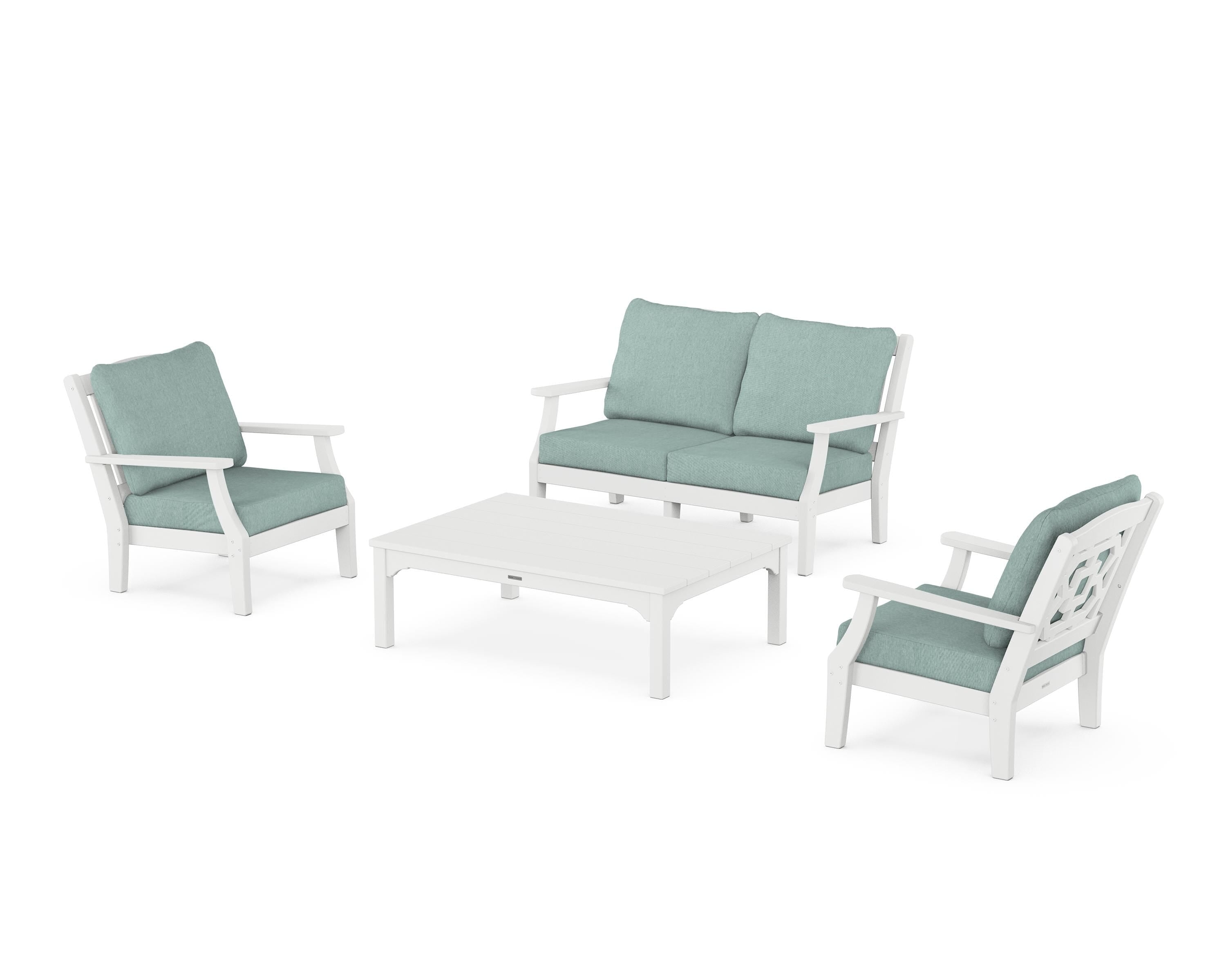 Martha Stewart by POLYWOOD® Chinoiserie 4-Piece Deep Seating Set with Loveseat in White / Glacier Spa