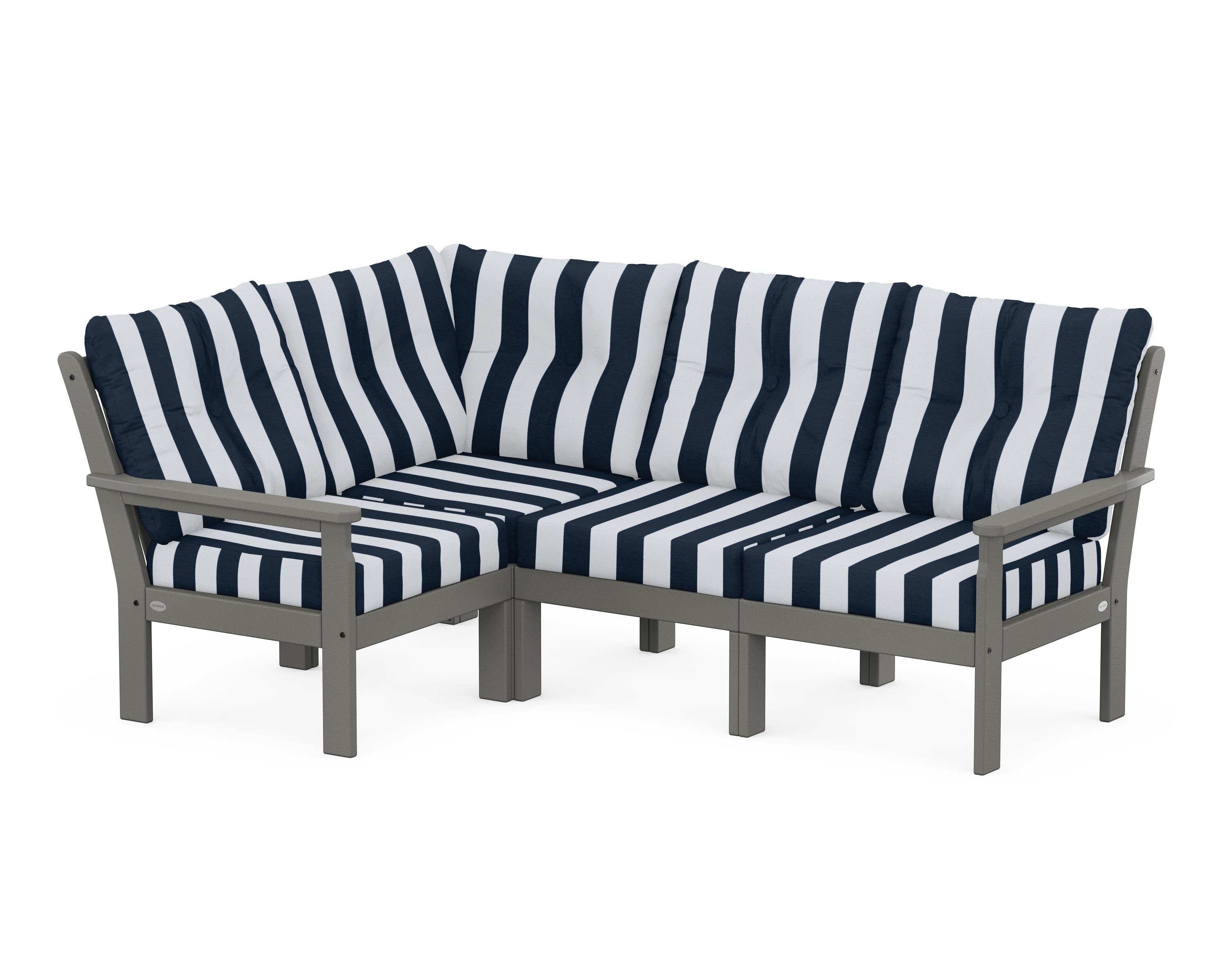 POLYWOOD® Vineyard 4-Piece Sectional in Slate Grey / Cabana Stripe Marine Indigo