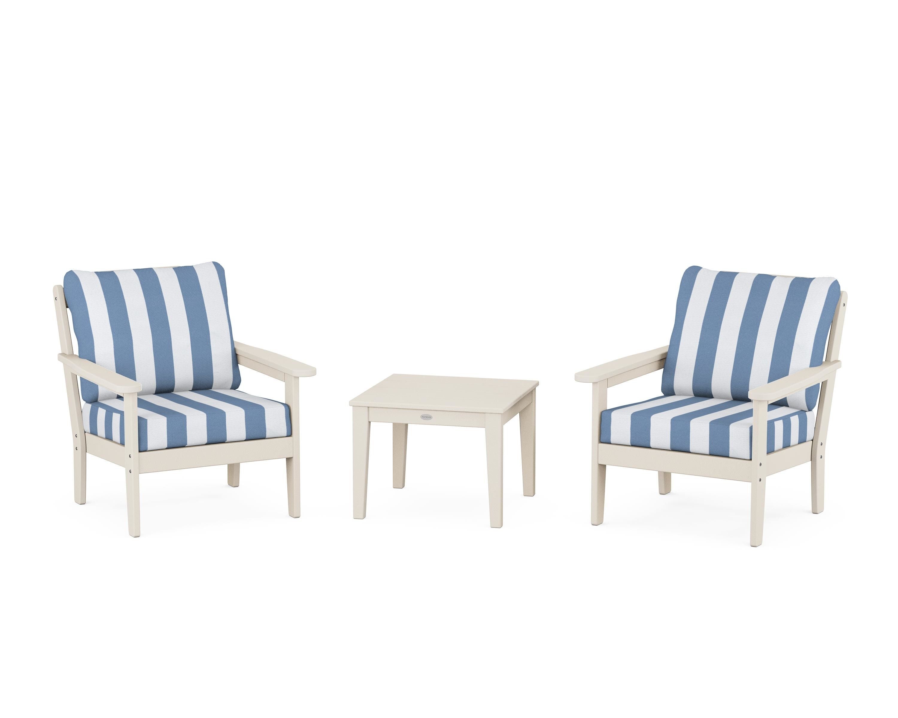 Country Living Cottage 3-Piece Deep Seating Set in Sand / Cabana Stripe Sky Blue