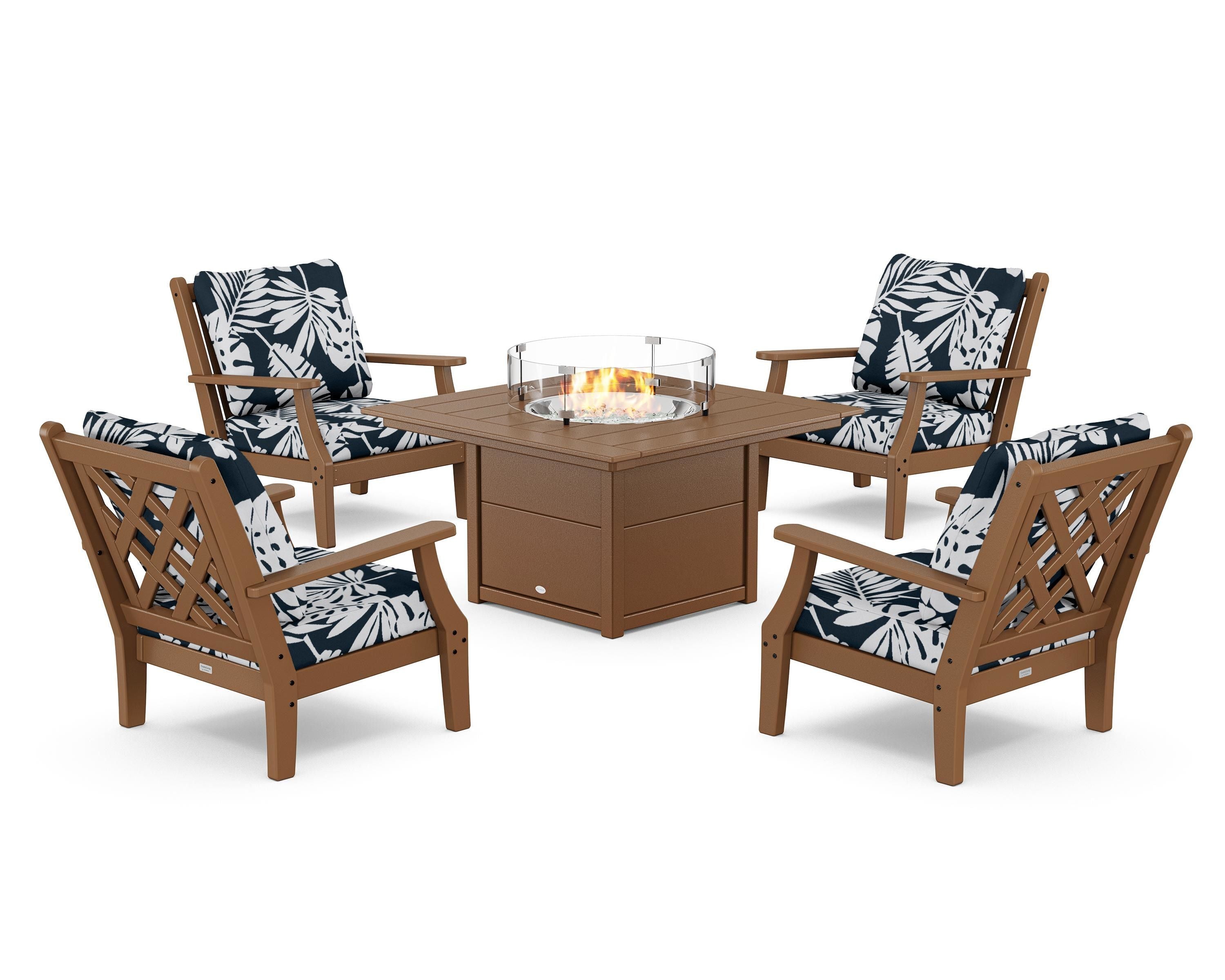 Country Living Wovendale 5-Piece Deep Seating Set with Fire Pit Table in Teak / Leaf Marine Indigo