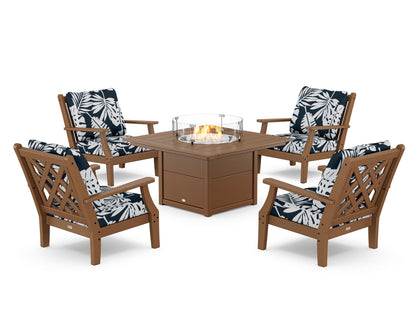 Country Living Wovendale 5-Piece Deep Seating Set with Fire Pit Table in Teak / Leaf Marine Indigo