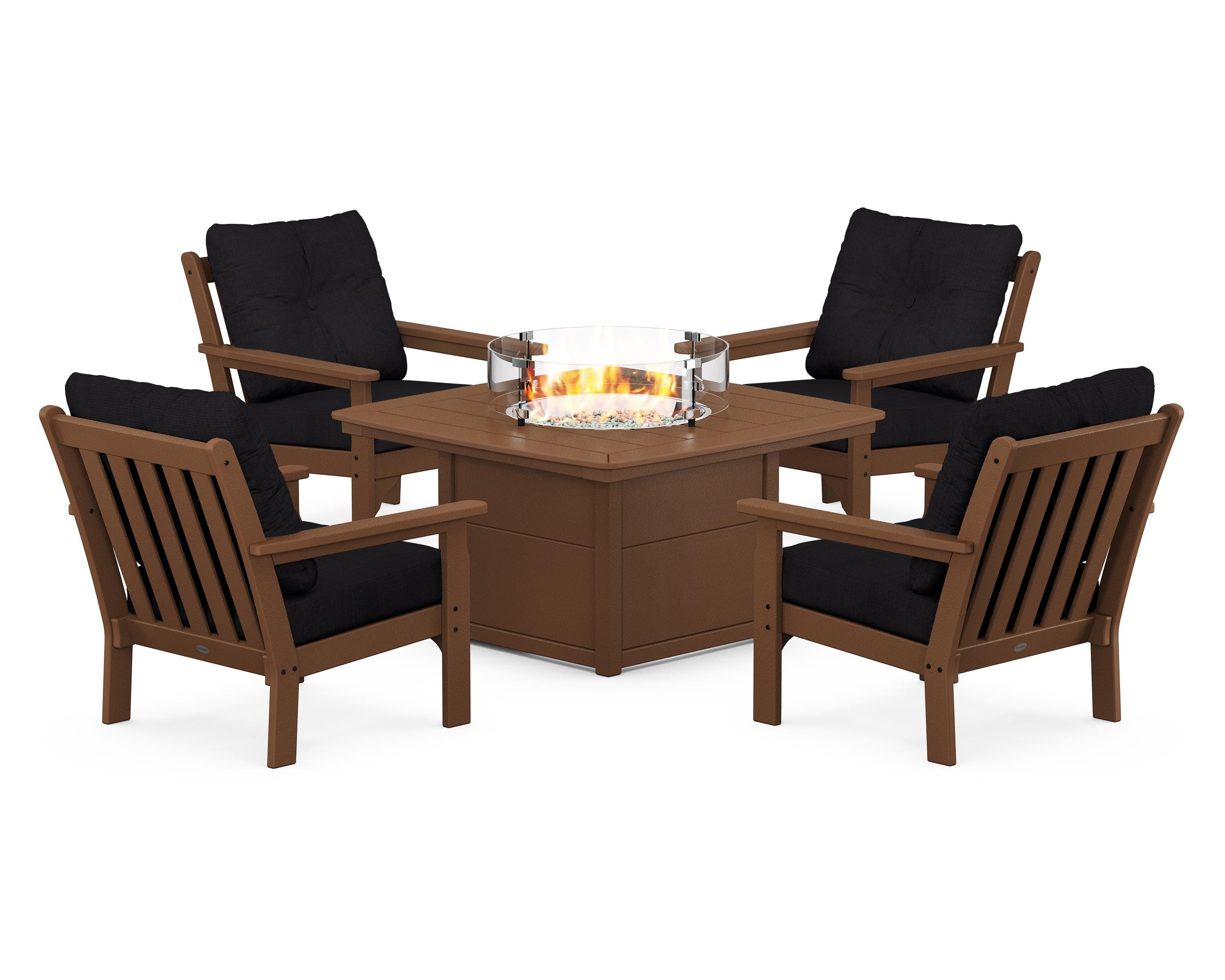 POLYWOOD® Vineyard 5-Piece Conversation Set with Fire Pit Table in Teak / Midnight Linen