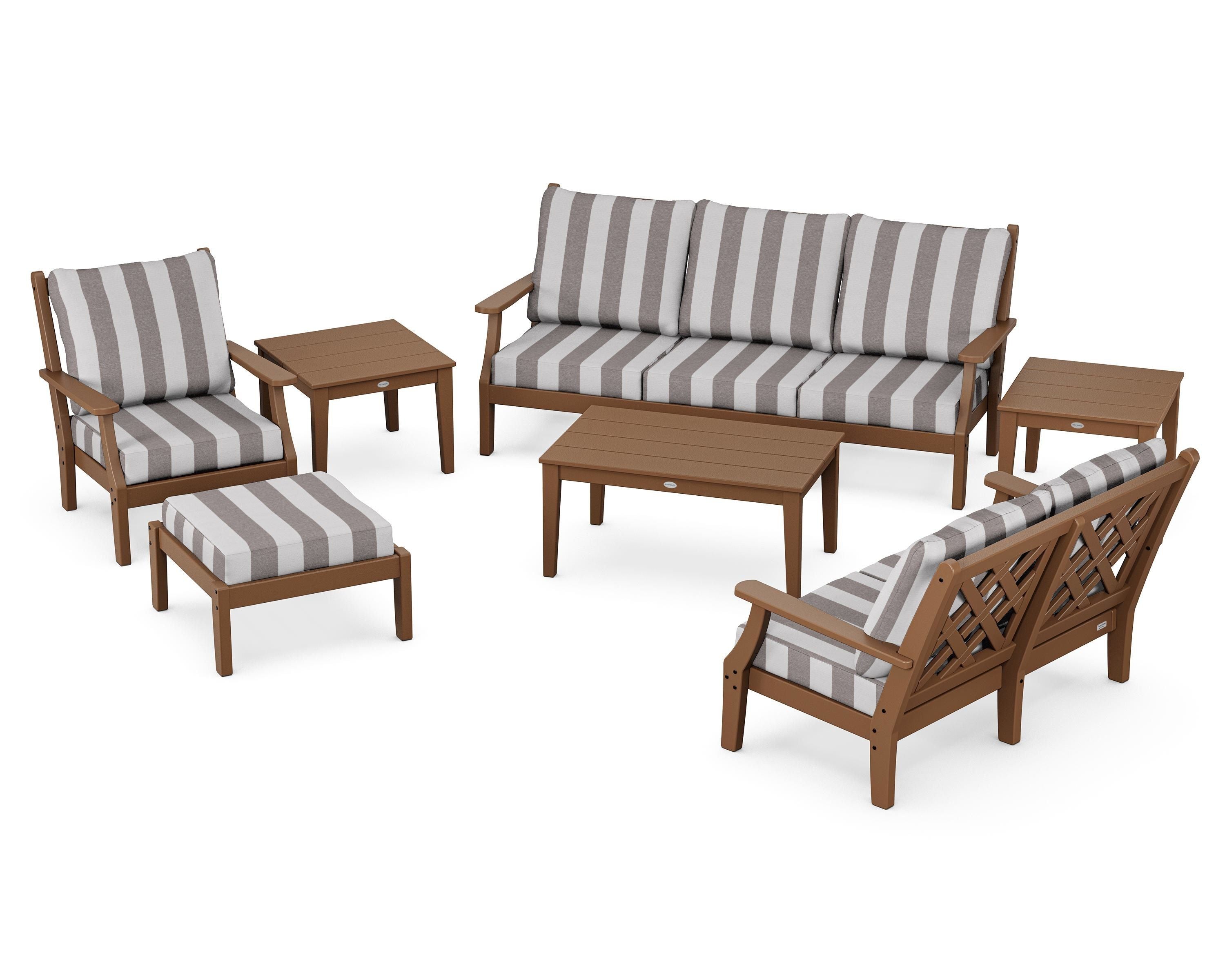 Country Living Wovendale 7-Piece Deep Seating Set in Teak / Cabana Stripe Grey Mist