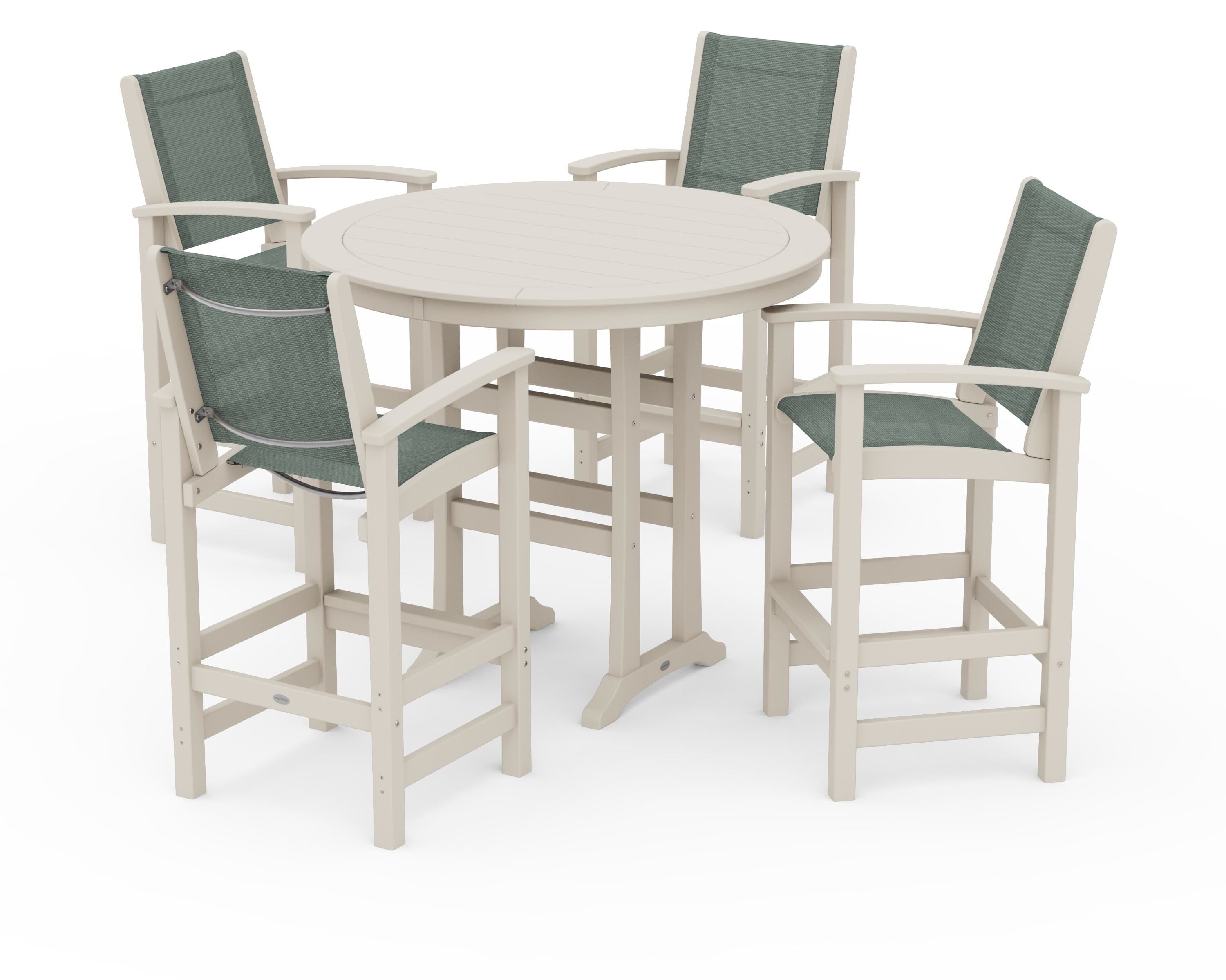 POLYWOOD® Coastal 5-Piece Nautical Trestle Bar Set in Sand / Dupioni Sea Mist Sling
