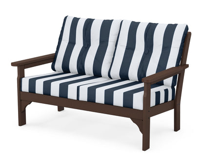 POLYWOOD® Vineyard Deep Seating Loveseat in Mahogany / Cabana Stripe Marine Indigo