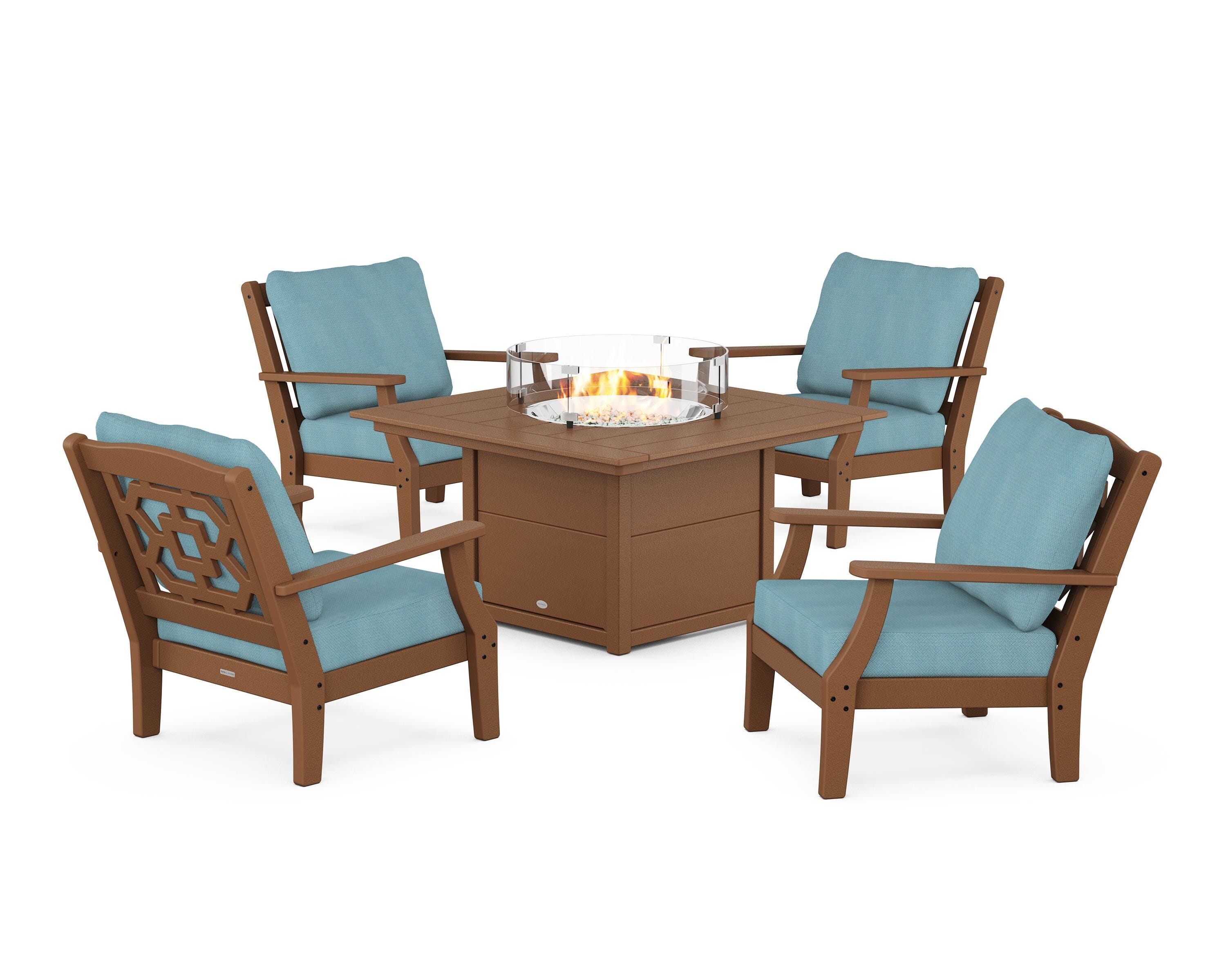 Martha Stewart by POLYWOOD® Chinoiserie 5-Piece Deep Seating Set with Fire Pit Table in Teak / Lattice Sky Blue
