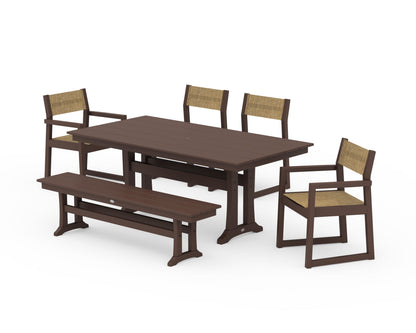 POLYWOOD® EDGE Sling 6-Piece Farmhouse Dining Set With Trestle Legs in Mahogany / Burlap Sling