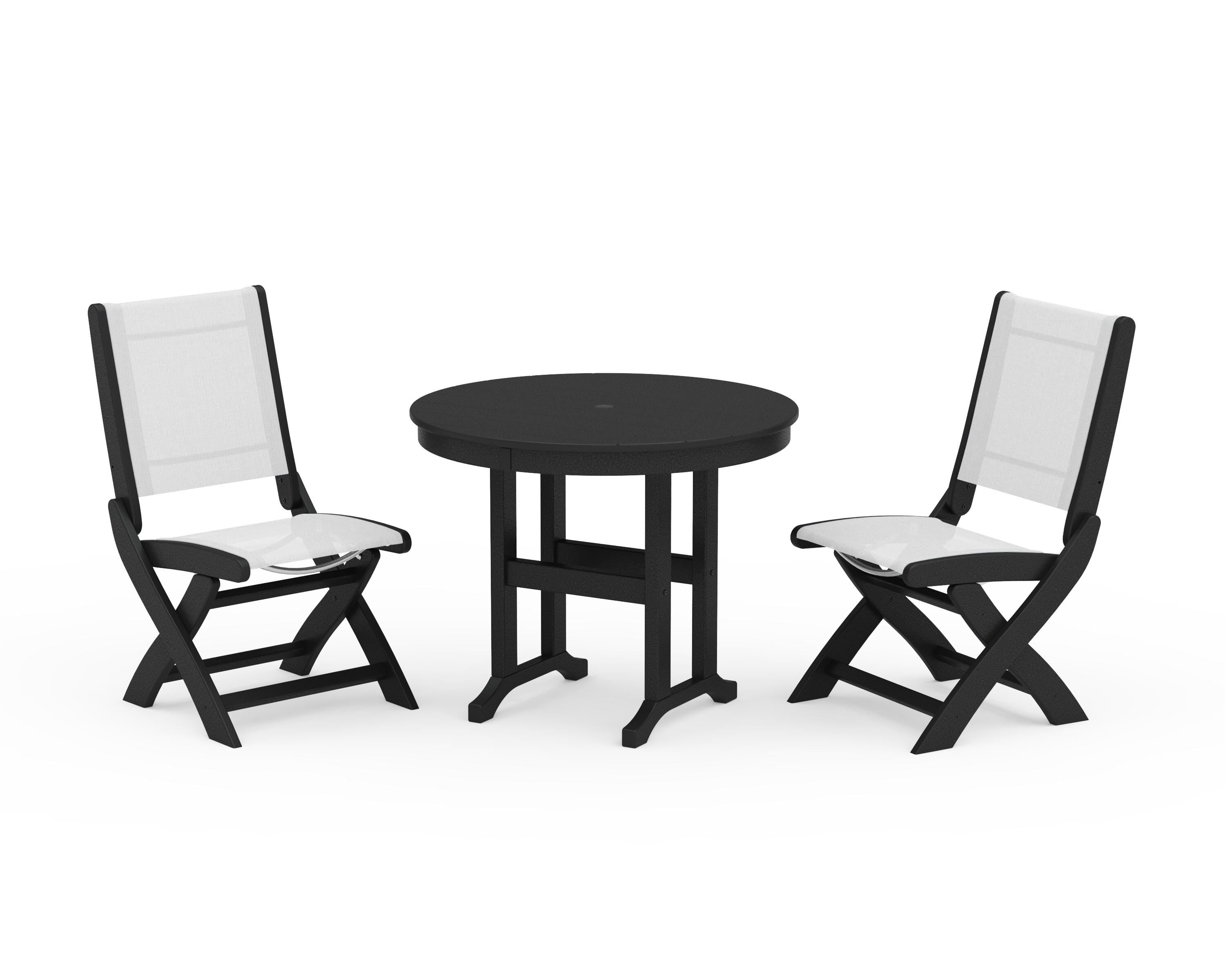 POLYWOOD® Coastal Folding Side Chair 3-Piece Round Dining Set in Black / White Sling