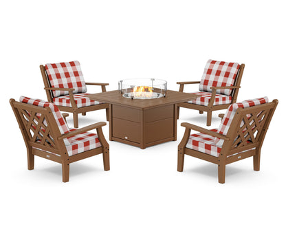Country Living Wovendale 5-Piece Deep Seating Set with Fire Pit Table in Teak / Buffalo Plaid Crimson