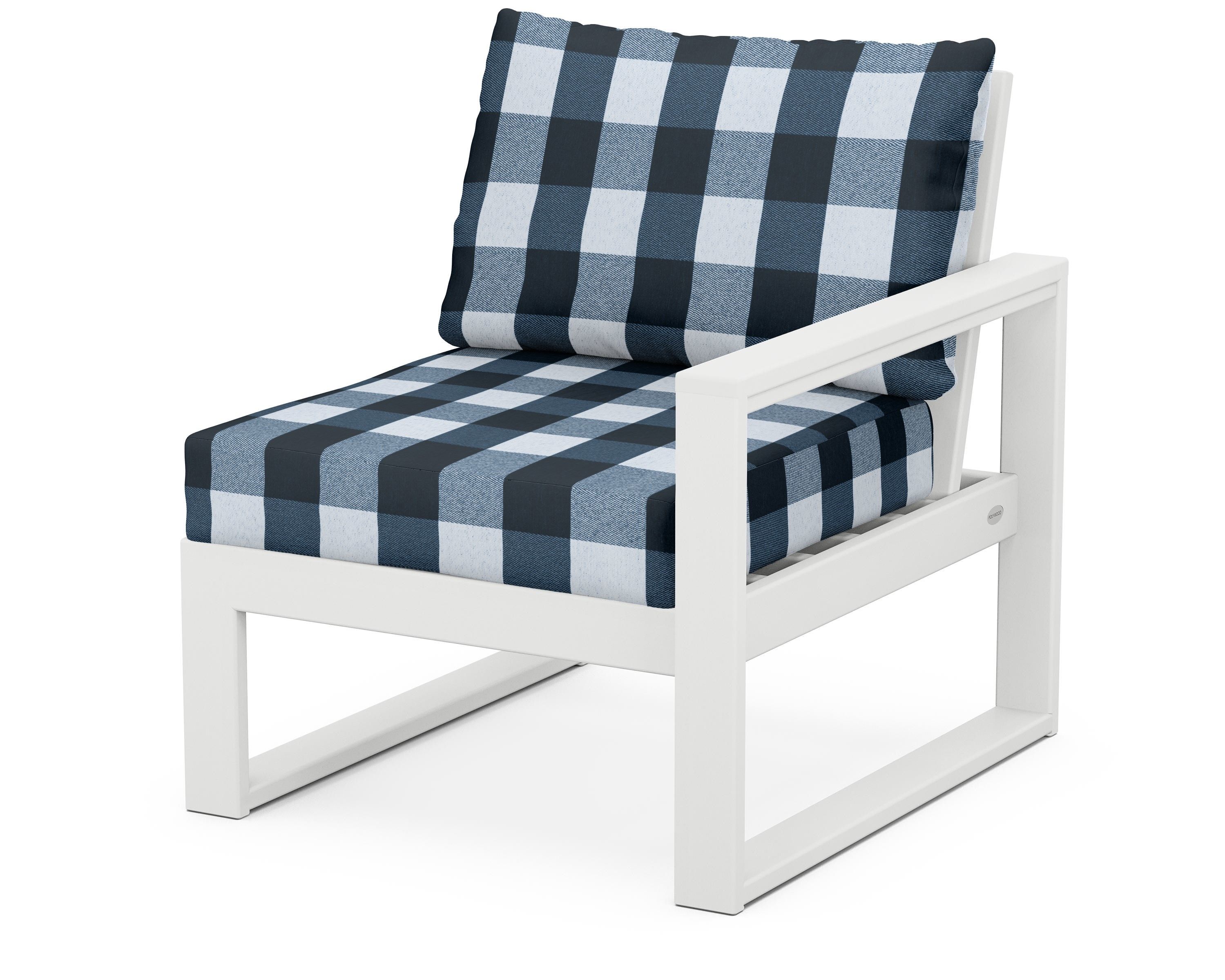 POLYWOOD® EDGE Modular Right Arm Chair in White / Buffalo Plaid Marine Indigo
