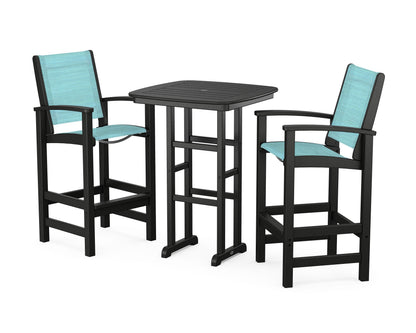 POLYWOOD® Coastal 3-Piece Bar Set in Black / Dupioni Aquamarine Sling