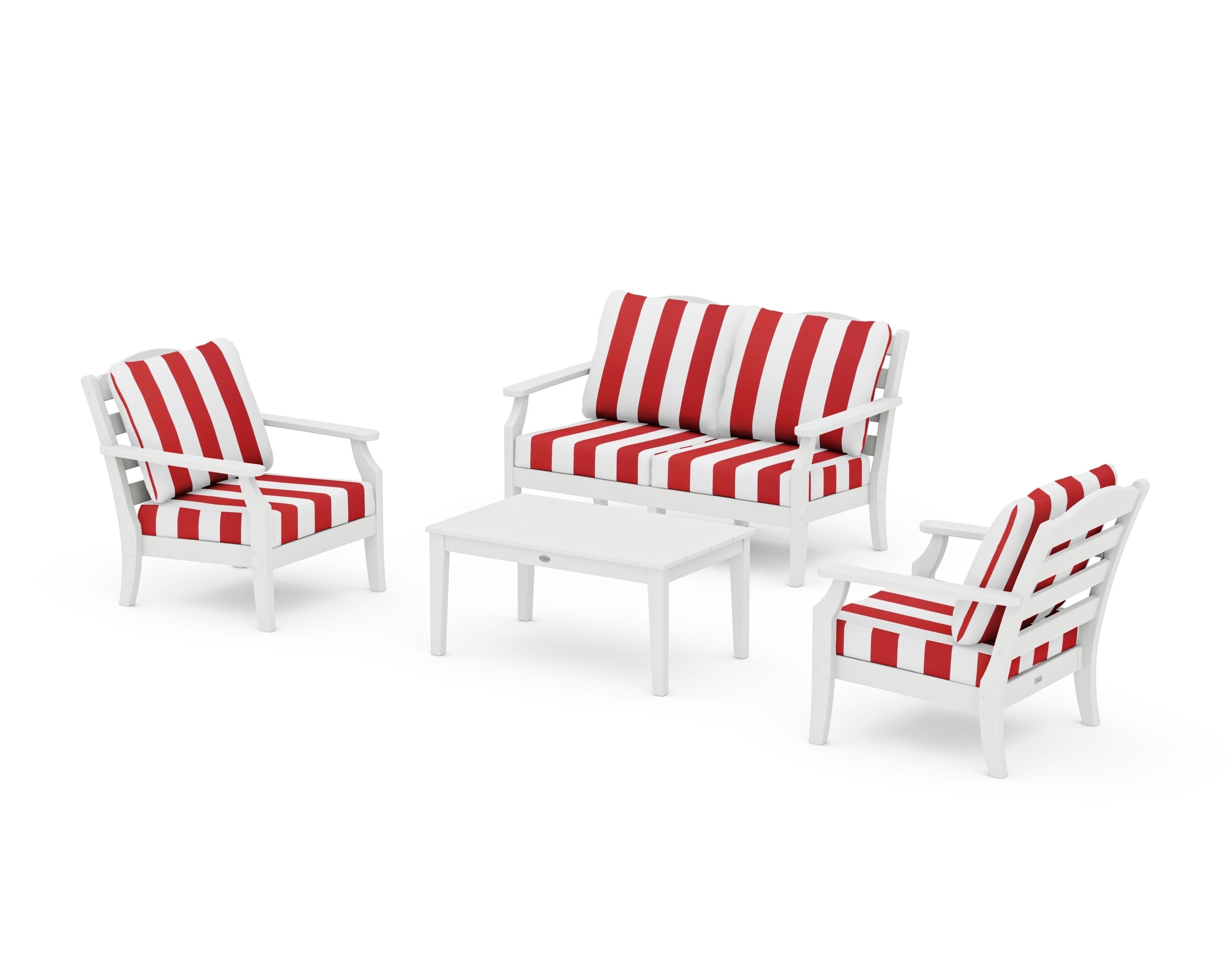 Draper James™ by  POLYWOOD® Savannah 4-Piece Deep Seating Set with Loveseat in White / Cabana Stripe Crimson