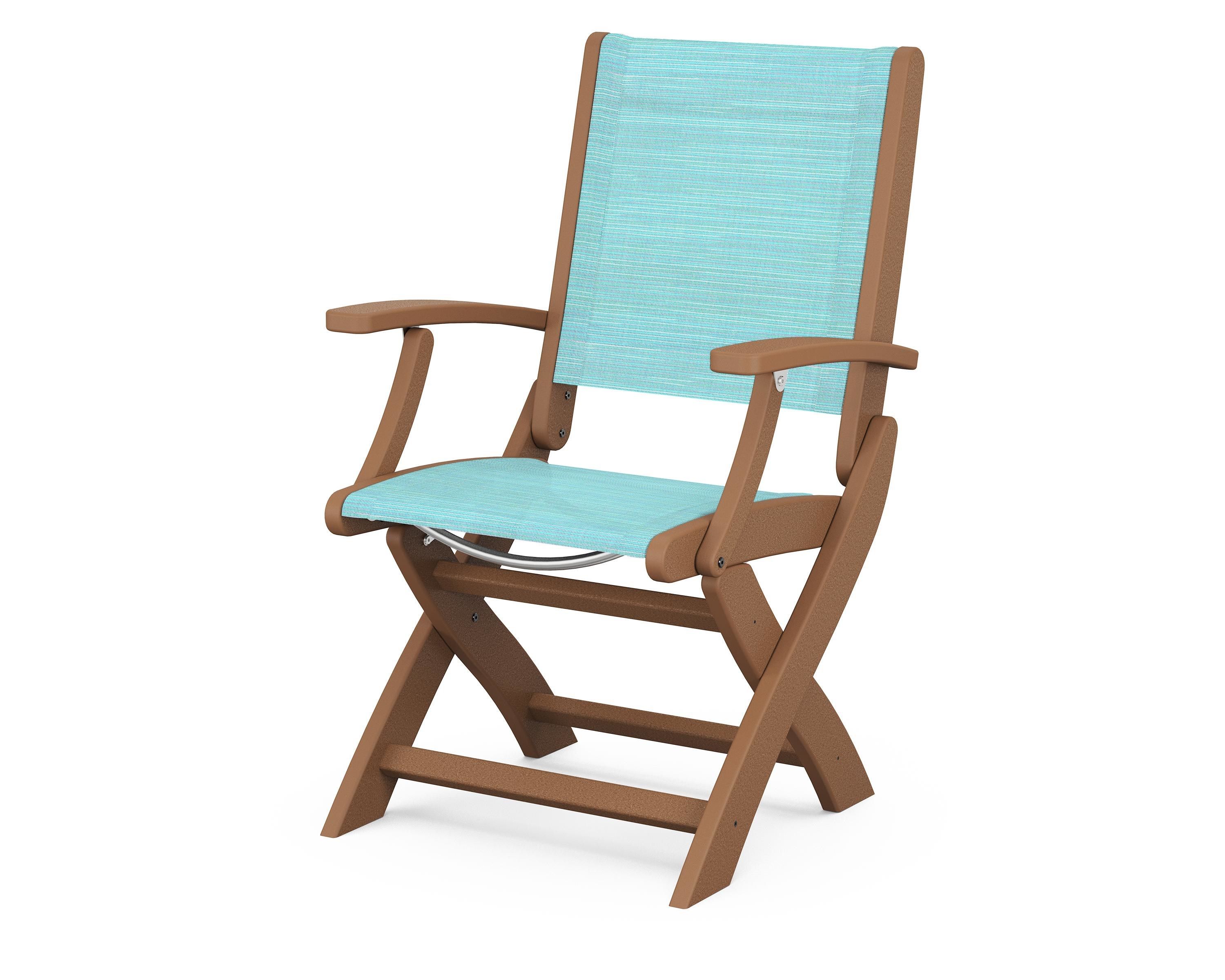 POLYWOOD® Coastal Folding Chair in Teak / Dupioni Aquamarine Sling