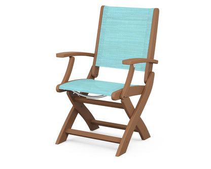POLYWOOD® Coastal Folding Chair in Teak / Dupioni Aquamarine Sling