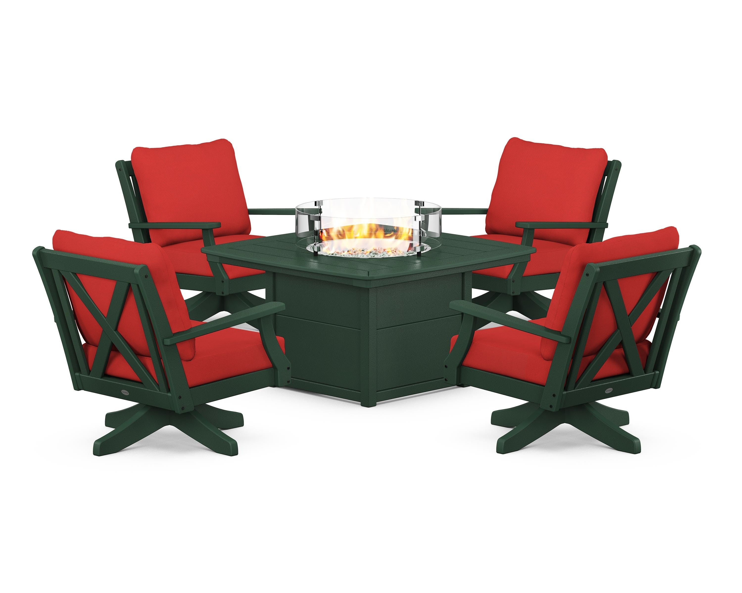 POLYWOOD® Braxton 5-Piece Deep Seating Swivel Conversation Set with Fire Pit Table in Green / Crimson Linen