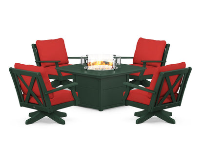 POLYWOOD® Braxton 5-Piece Deep Seating Swivel Conversation Set with Fire Pit Table in Green / Crimson Linen