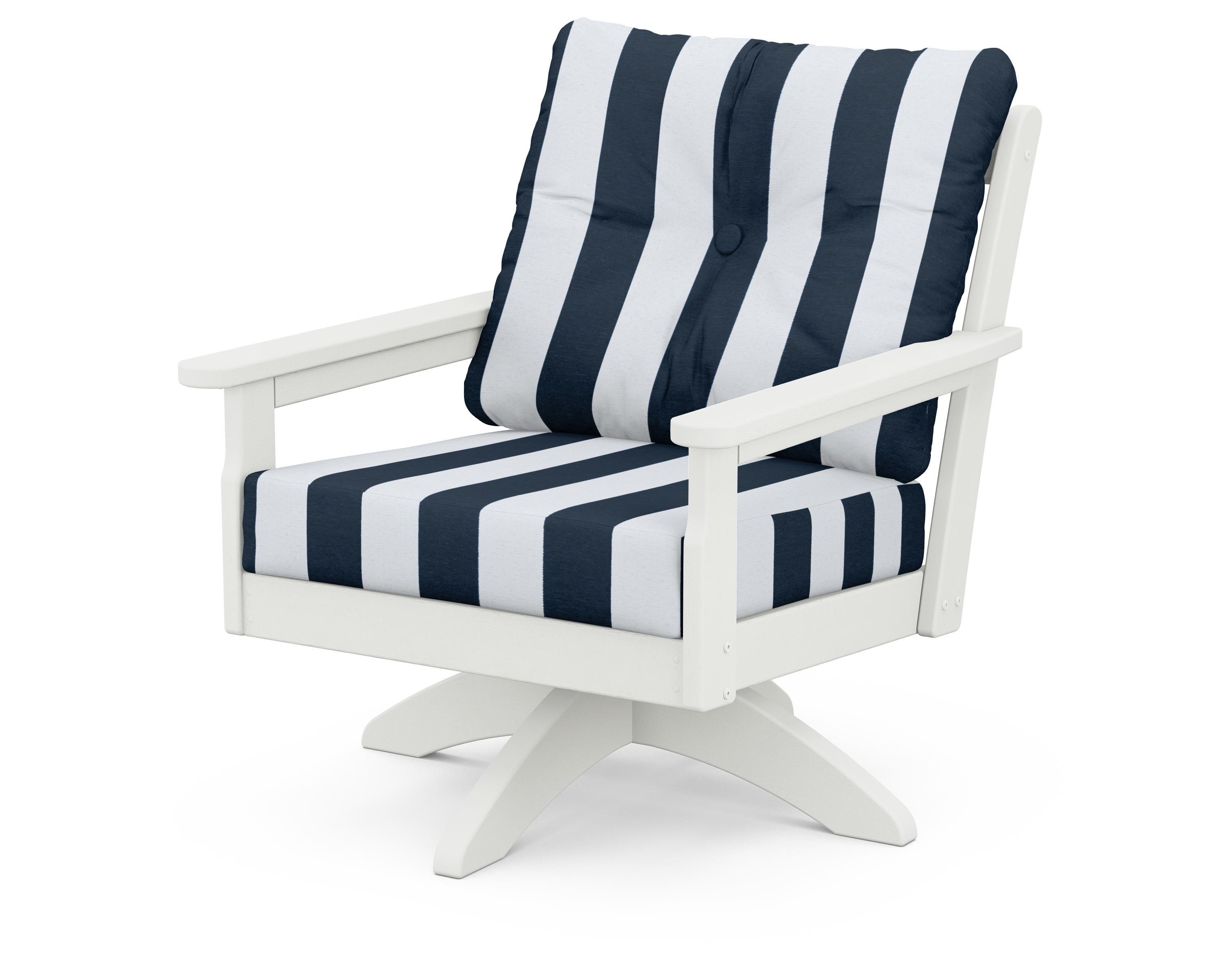 POLYWOOD® Vineyard Deep Seating Swivel Chair in Vintage White / Cabana Stripe Marine Indigo
