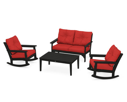 POLYWOOD® Vineyard 4-Piece Deep Seating Rocking Chair Set in Black / Crimson Linen