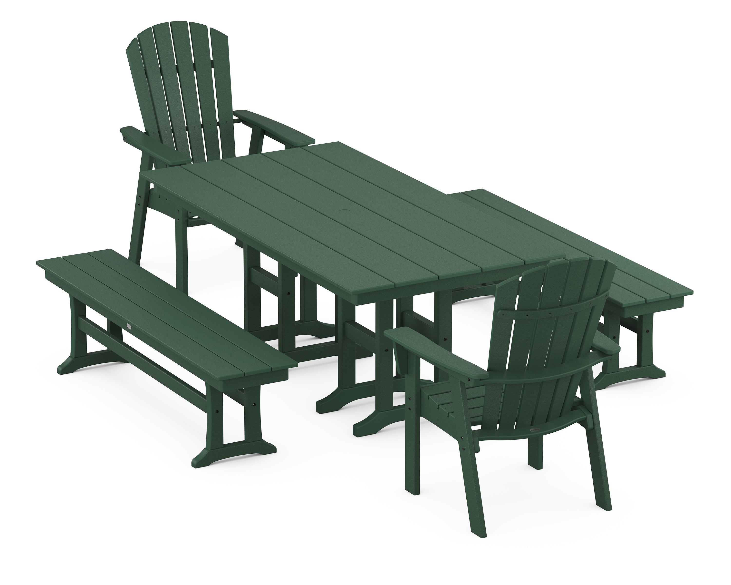 POLYWOOD® Nautical Curveback Adirondack 5-Piece Farmhouse Dining Set with Benches in Green