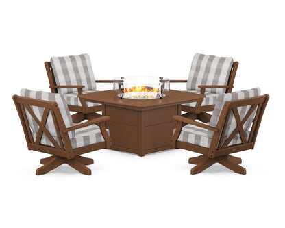 POLYWOOD® Braxton 5-Piece Deep Seating Swivel Conversation Set with Fire Pit Table in Teak / Buffalo Plaid Grey Mist