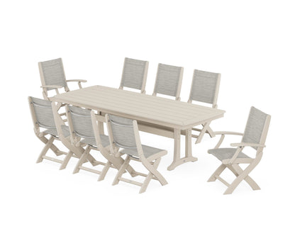 POLYWOOD® Coastal Folding 9-Piece Dining Set with Trestle Legs in Sand / Birch Sling