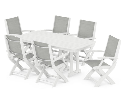 POLYWOOD® Coastal Folding Arm Chair 7-Piece Dining Set in White / Metallic Sling