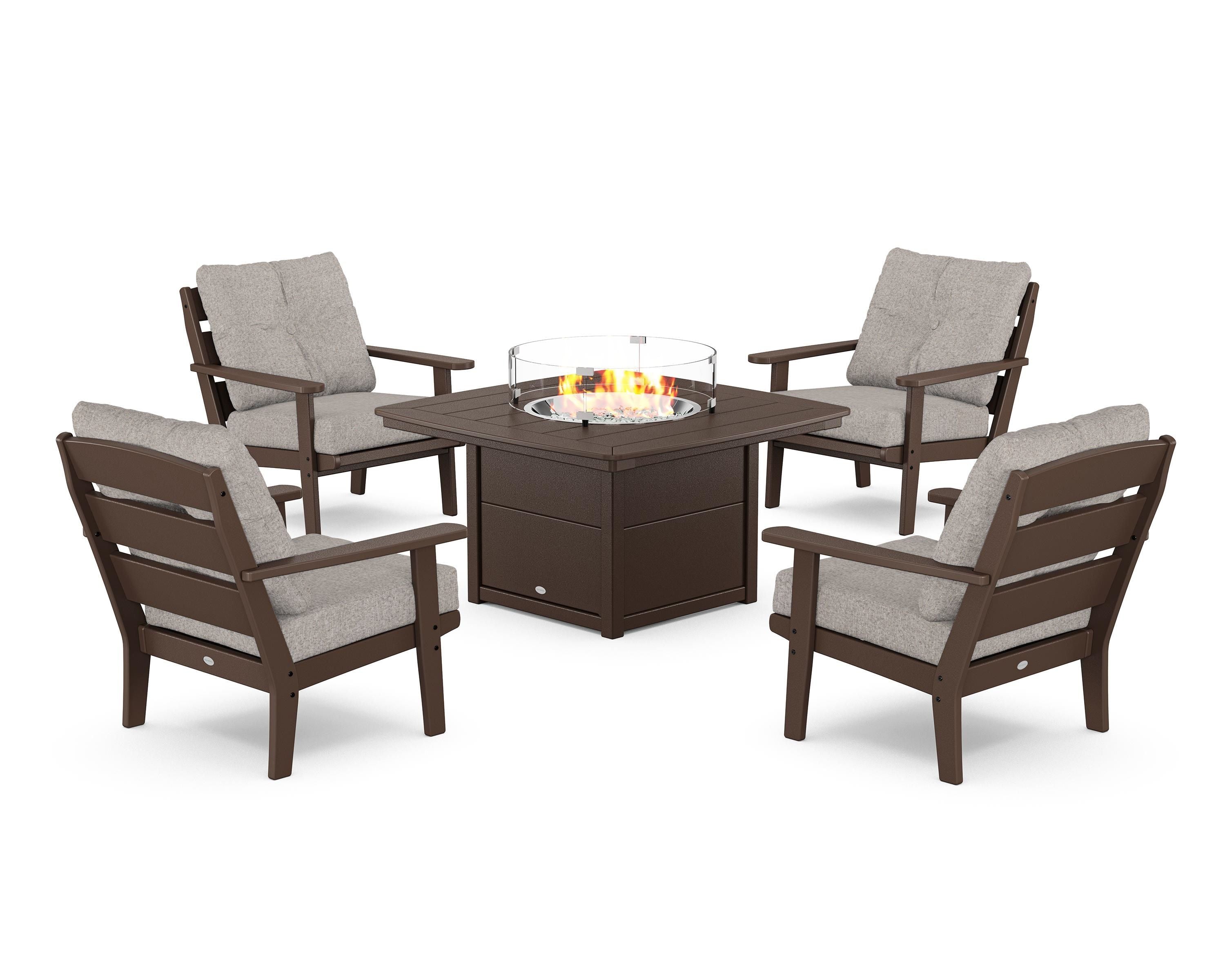 POLYWOOD® Lakeside 5-Piece Deep Seating Set with Nautical Fire Pit Table in Mahogany / Weathered Tweed