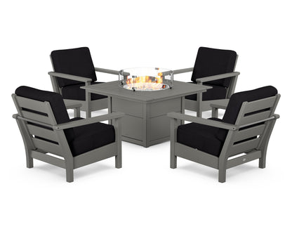 POLYWOOD® Harbour 5-Piece Conversation Set with Fire Pit Table in Slate Grey / Midnight Linen