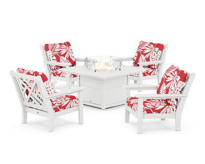 POLYWOOD® Chippendale 5-Piece Deep Seating Set with Fire Pit Table in White / Leaf Crimson