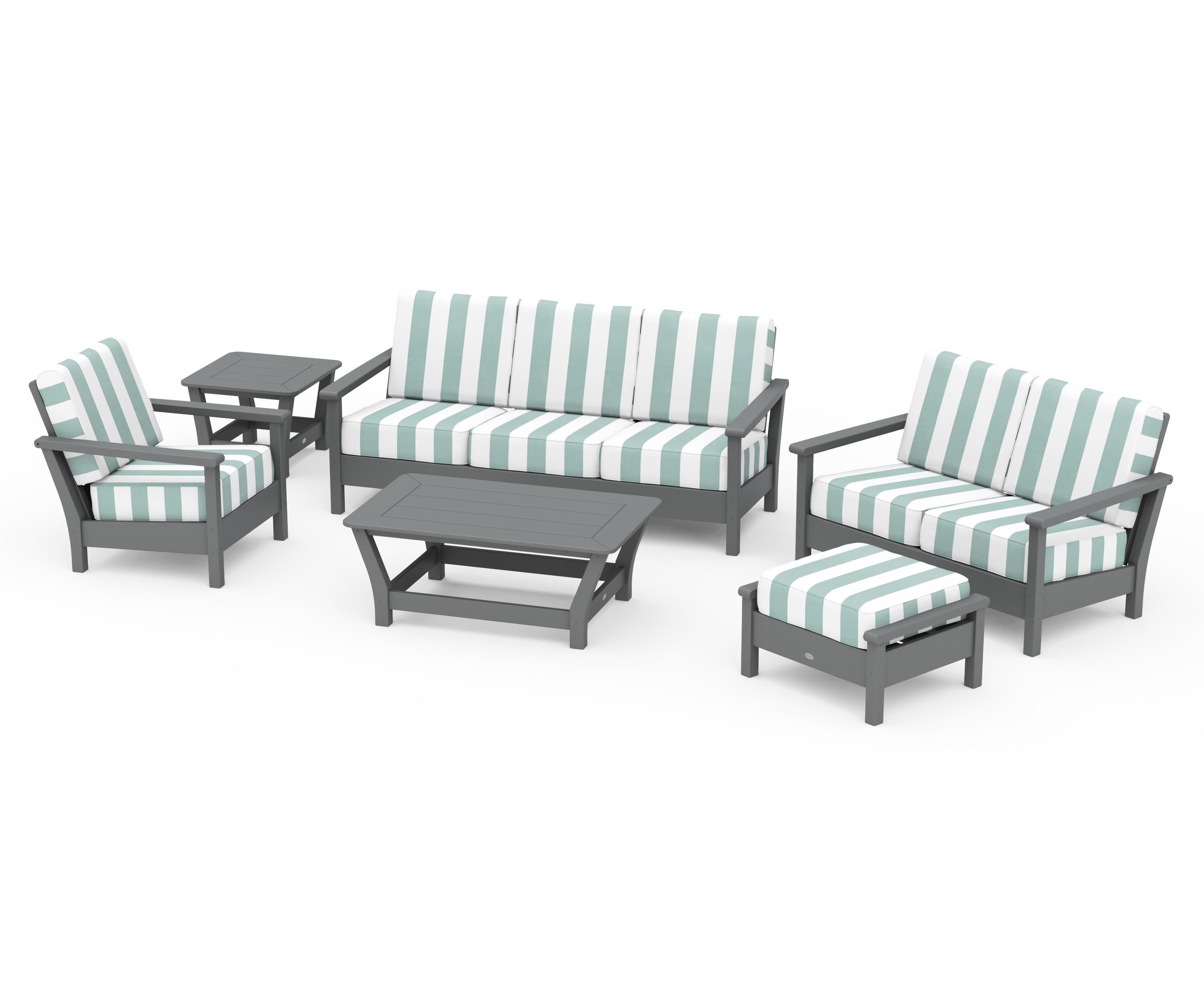 POLYWOOD® Harbour 6-Piece Outdoor Living Set in Slate Grey / Cabana Stripe Glacier Spa
