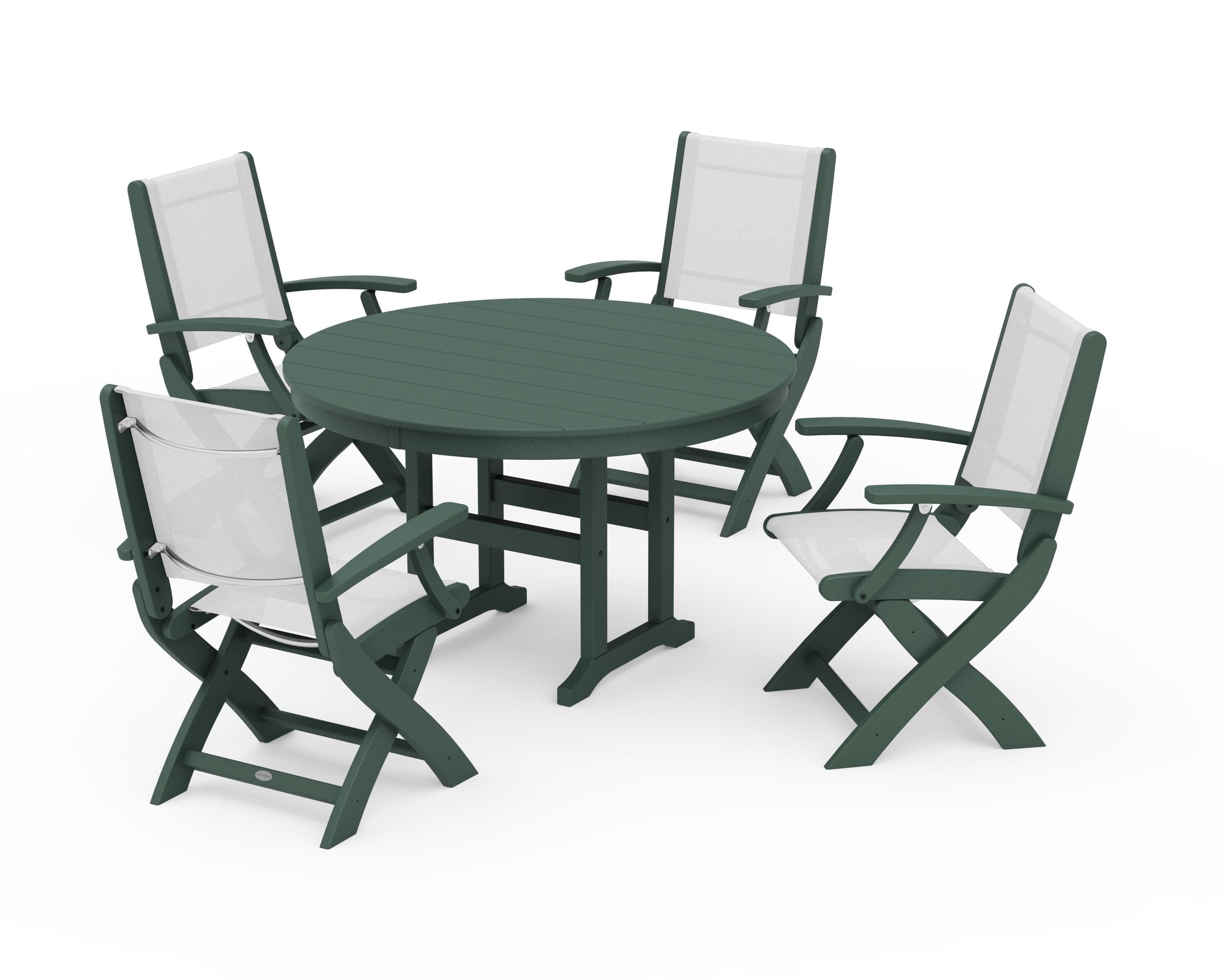 POLYWOOD® Coastal Folding Chair 5-Piece Round Dining Set in Green / White Sling