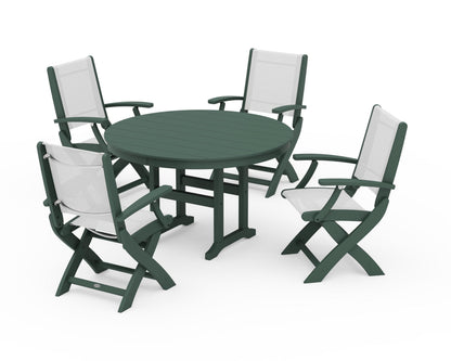 POLYWOOD® Coastal Folding Chair 5-Piece Round Dining Set in Green / White Sling