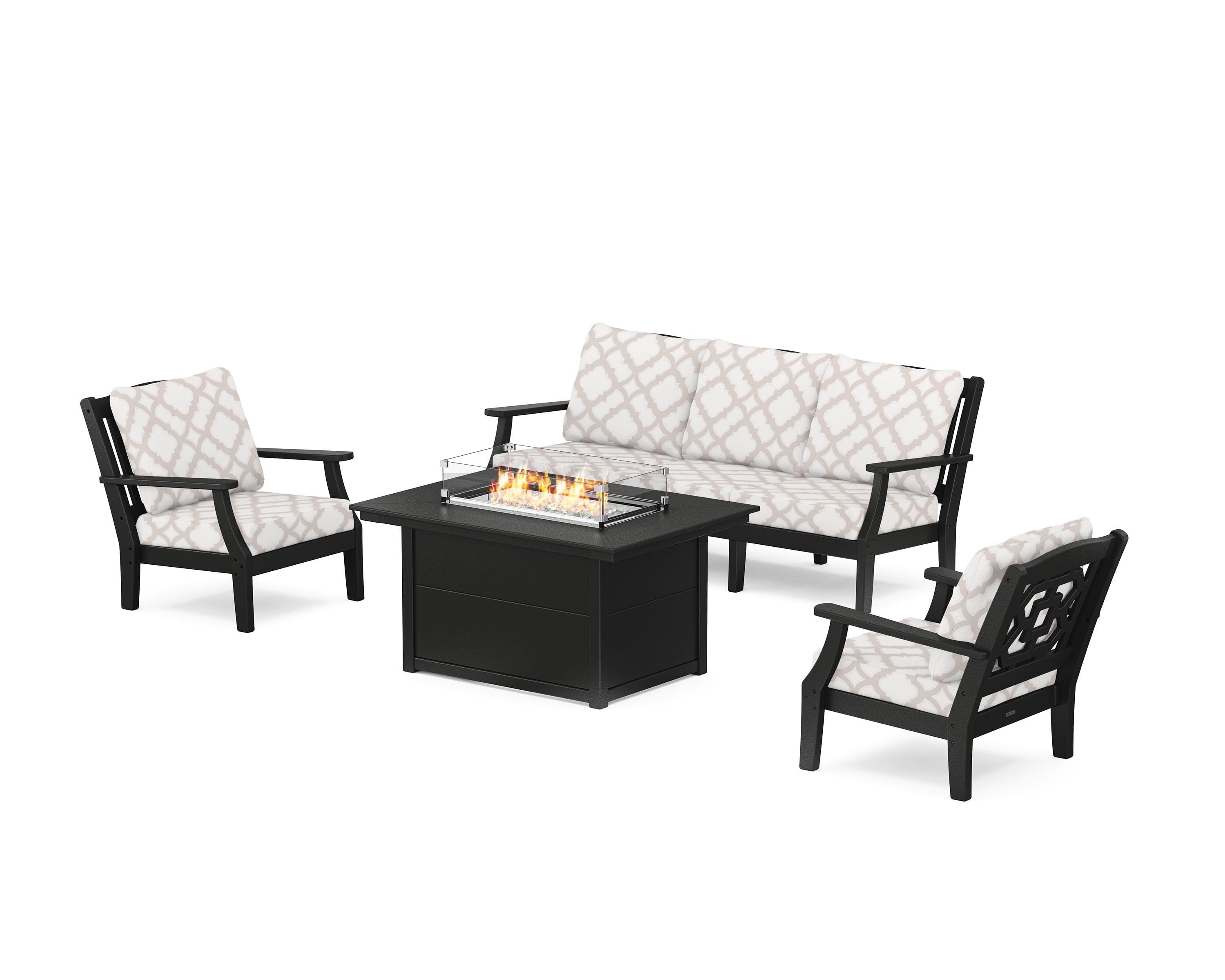 Martha Stewart by POLYWOOD® Chinoiserie Deep Seating Fire Pit Table Set in Black / Trellis Dune Burlap